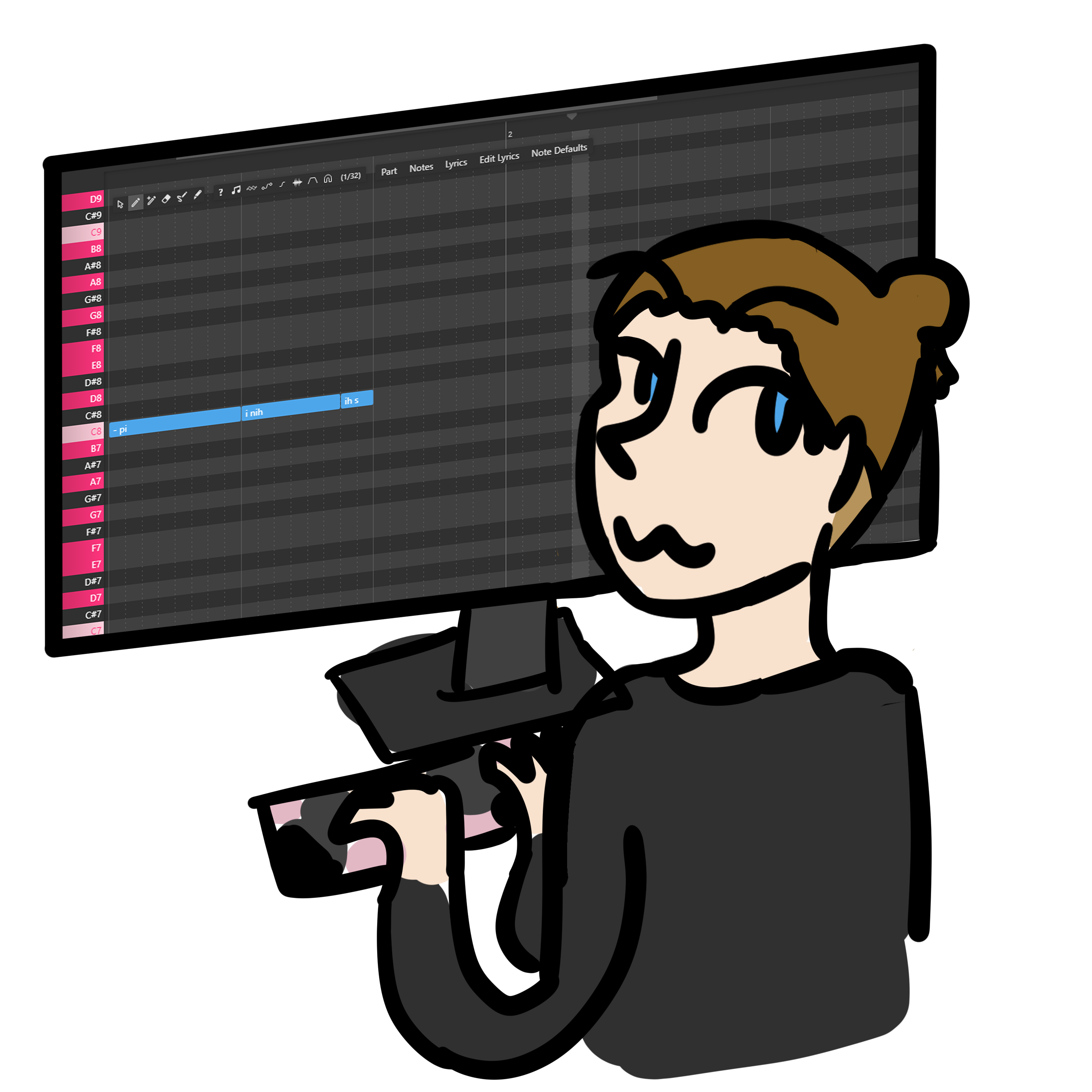 Doodle of Zee behind a monitor with OpenUTAU opened on it.