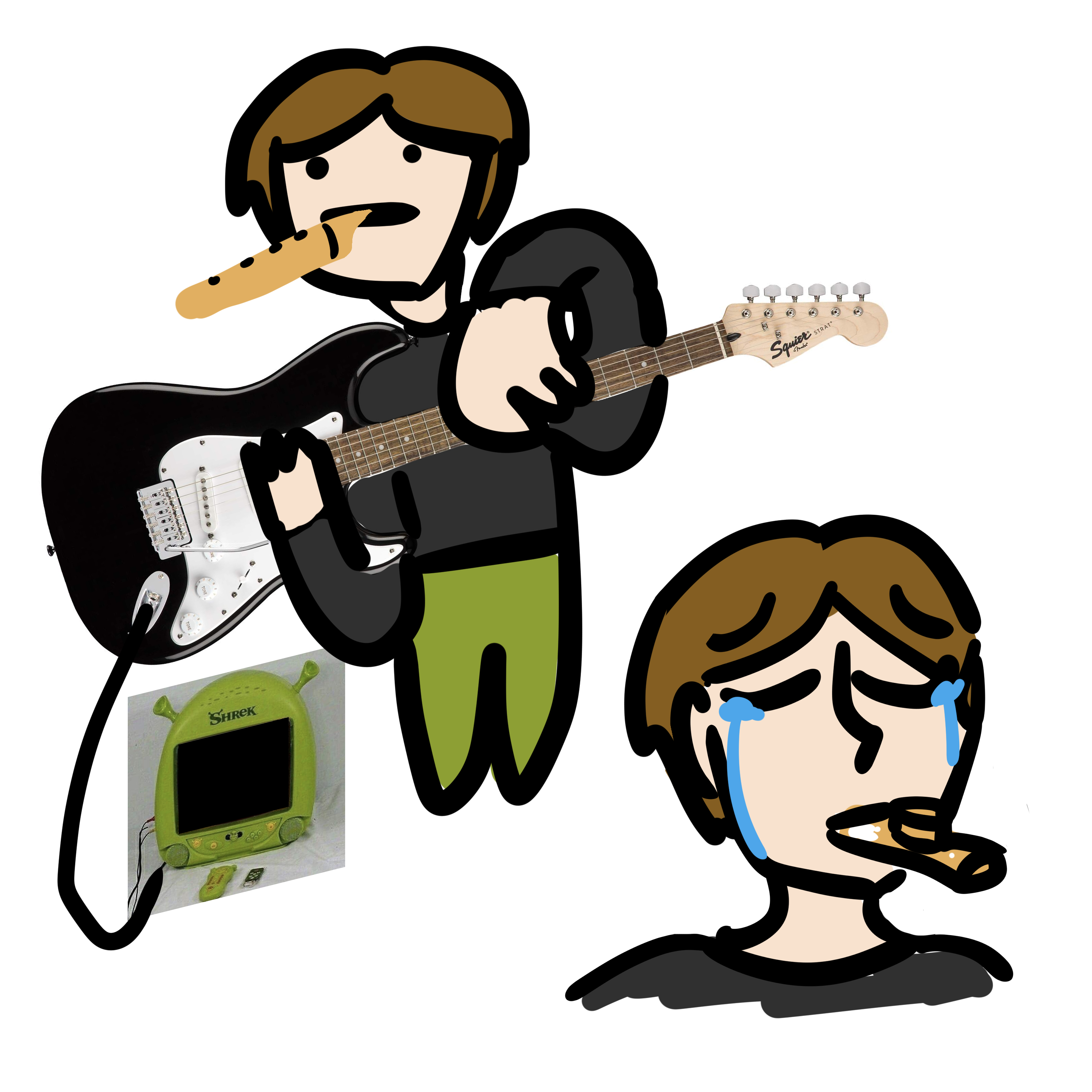 Doodle of Zee holding a guitar connected to a Shrek TV (imitating an amp) and a doodle of Zee playing a kazoo while crying.